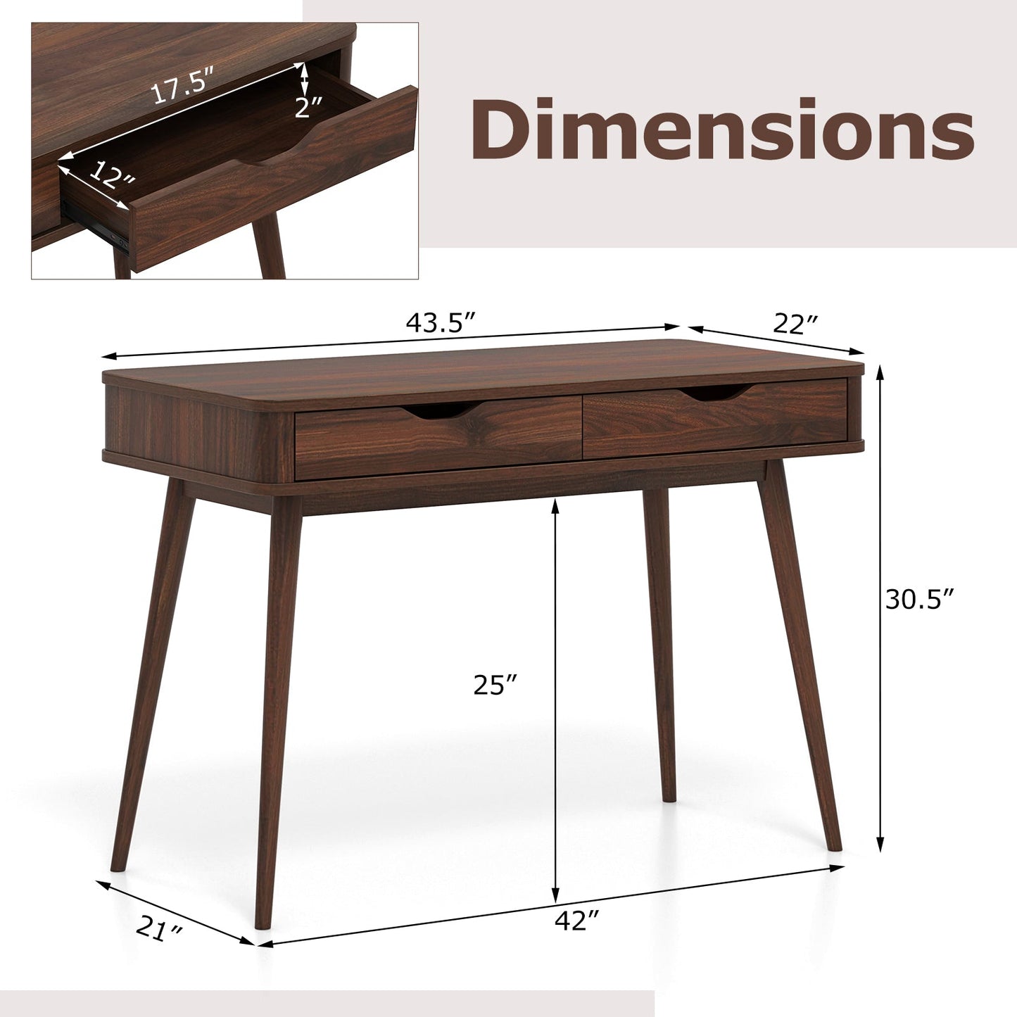 43.5 Inch Computer Desk with 2 Drawers for Small Spaces