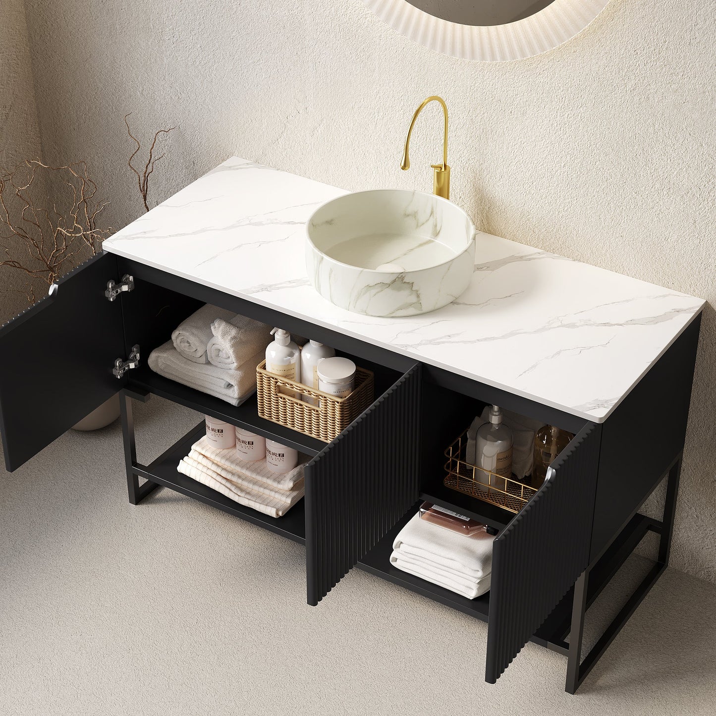 48' Bathroom Vanity with Sink, Freestanding Cabinet 3 Doors Open Shelf Sintered Stone