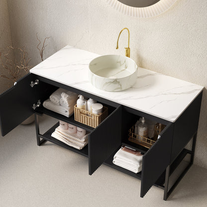 48' Bathroom Vanity with Sink, Freestanding Cabinet 3 Doors Open Shelf Sintered Stone