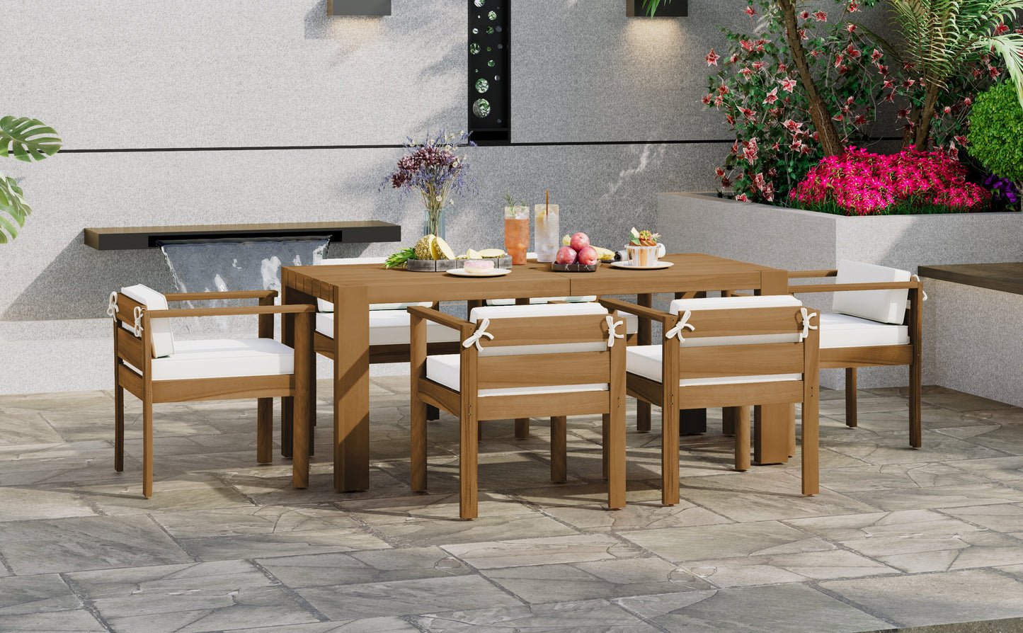 Outdoor Dining Set Acacia Wood Light Teak 7 Piece Rectangle Seats 6