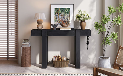 Rustic Console Table, Hidden Drawer, Side Power Outlet, Entryway Table, Black