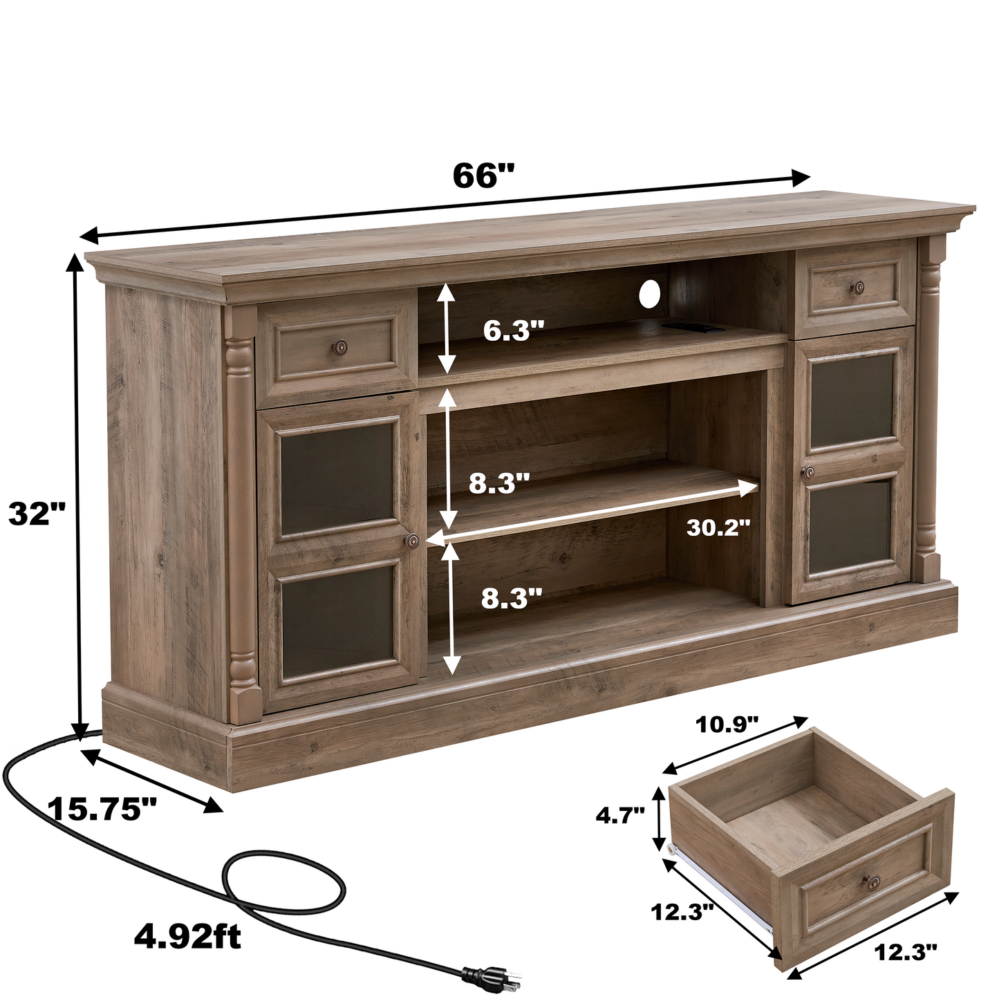 TV Stand Farmhouse Fireplace Gray MDF Roman Column LED Fits 80 In TV