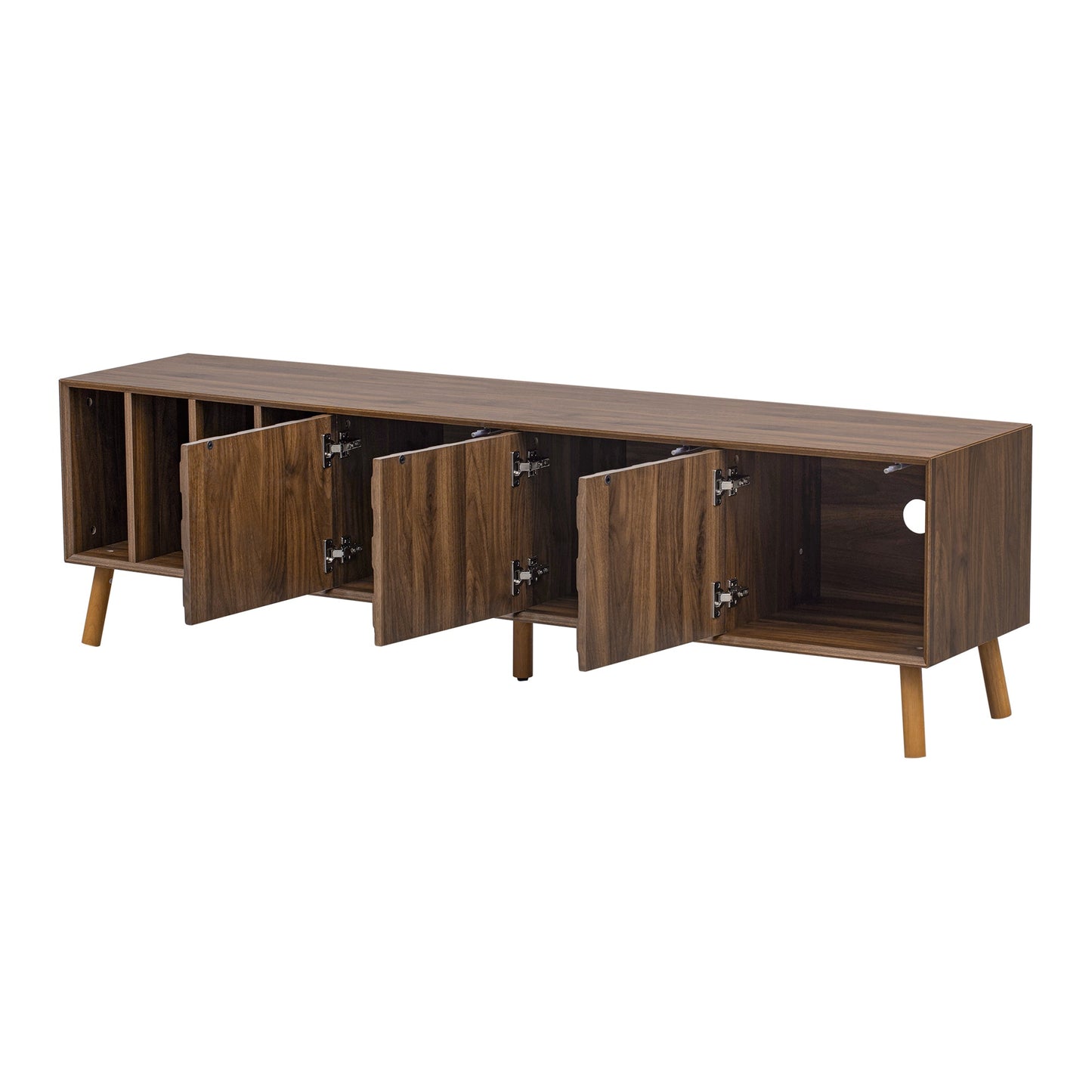 Mid-Century Walnut TV Stand 80" Push-Pop Doors MDF Wood