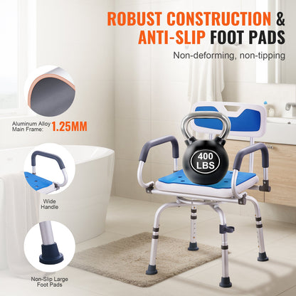 Shower Chair 360 Degree Swivel Aluminum 400 LB Pivoting Arms Adjustable