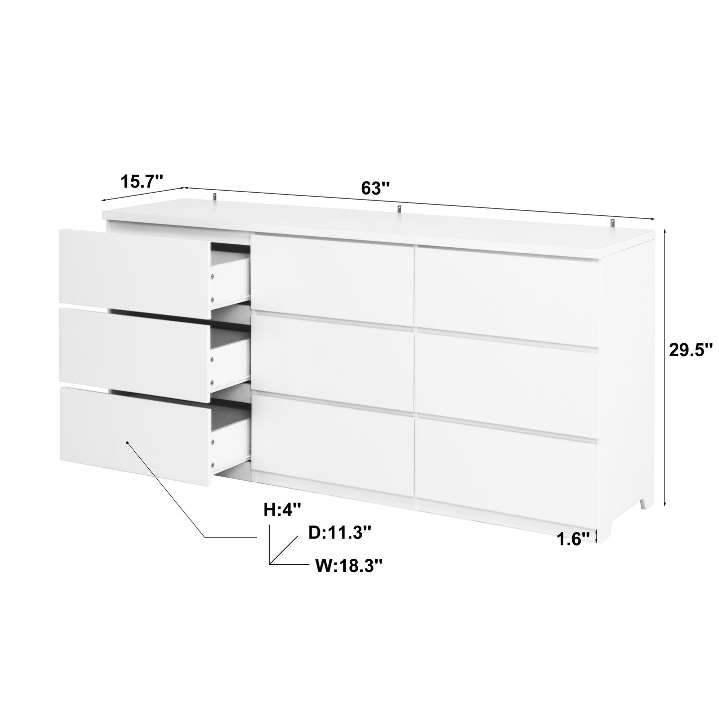 Dresser Modern 9-Drawer White Particle Board Handleless 63x15.74x29.5 In