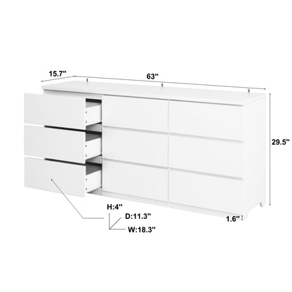 Dresser Modern 9-Drawer White Particle Board Handleless 63x15.74x29.5 In