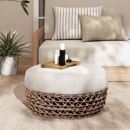 Outdoor Round Ottoman Wicker Beige Wheat Cushion 25in Foam Filled