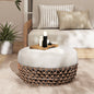 Outdoor Round Ottoman Wicker Beige Wheat Cushion 25in Foam Filled