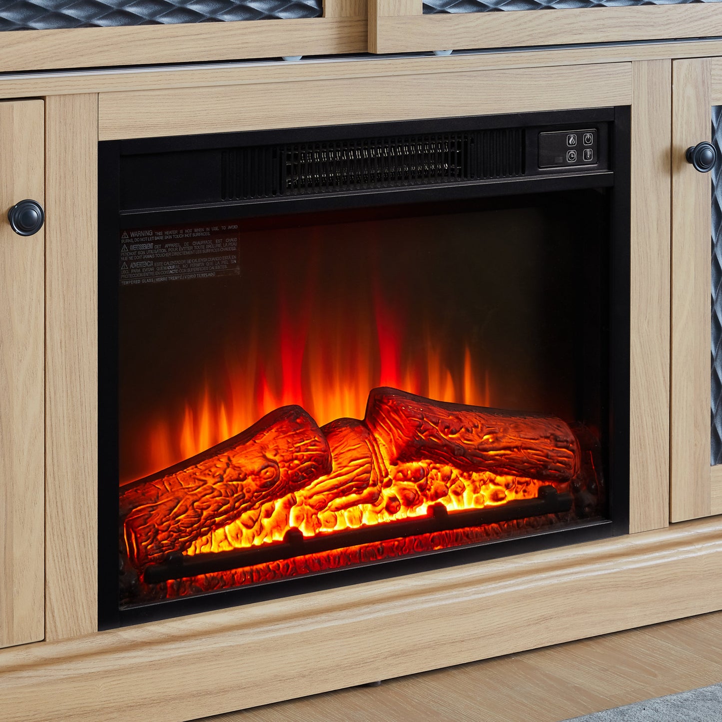 TV Stand Fireplace Light Oak MDF Embossed Doors 1400W Fits 65 In TV 58.27 In