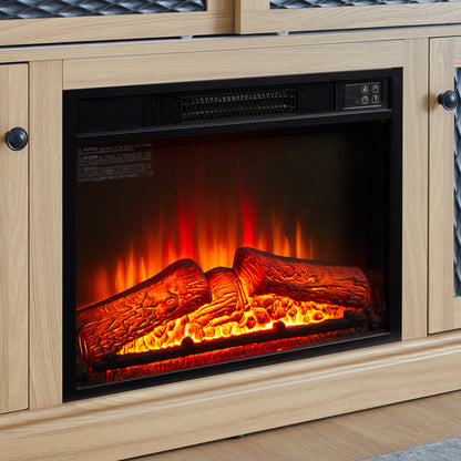 TV Stand Fireplace Light Oak MDF Embossed Doors 1400W Fits 65 In TV 58.27 In