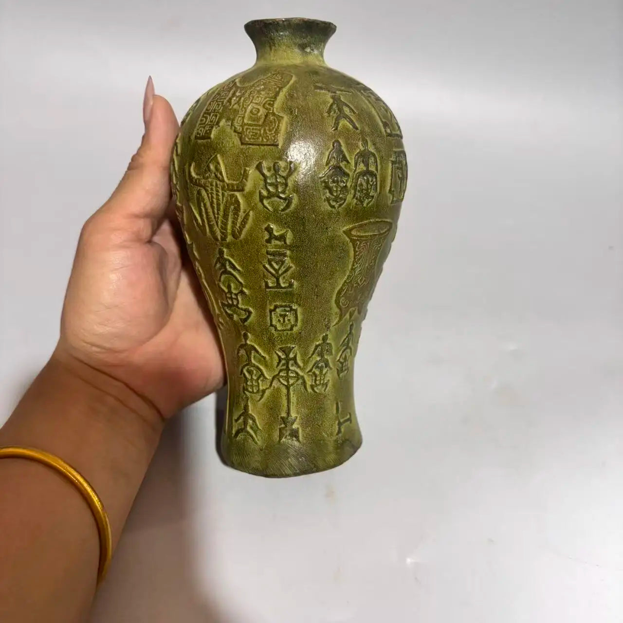 7" Tibetan Temple Old Brass Verdigris Prunus Vase – Oracle Script Motif