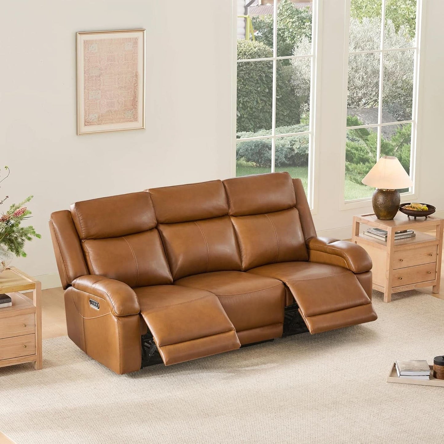 Genuine Leather Power Recliner Sofa 3 Seater USB Ports