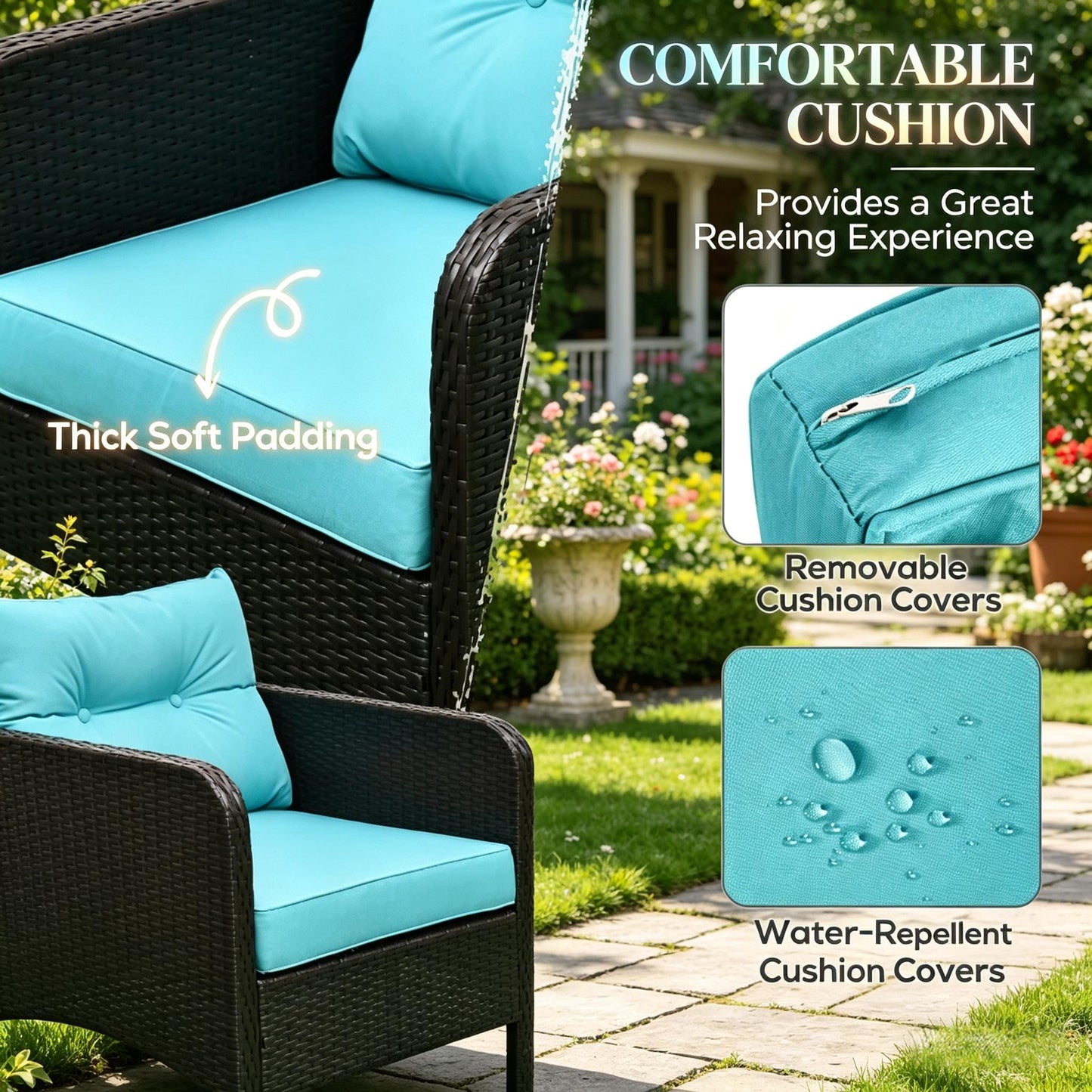 Outdoor Conversation Set PE Rattan Blue Brown 5 Piece 2 Chairs Footstools