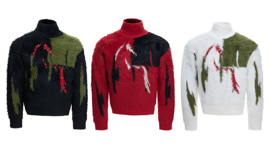 Mink-faux Fur Contrast-color Sweater With Diamond-embellished Horse Totem Knitwear