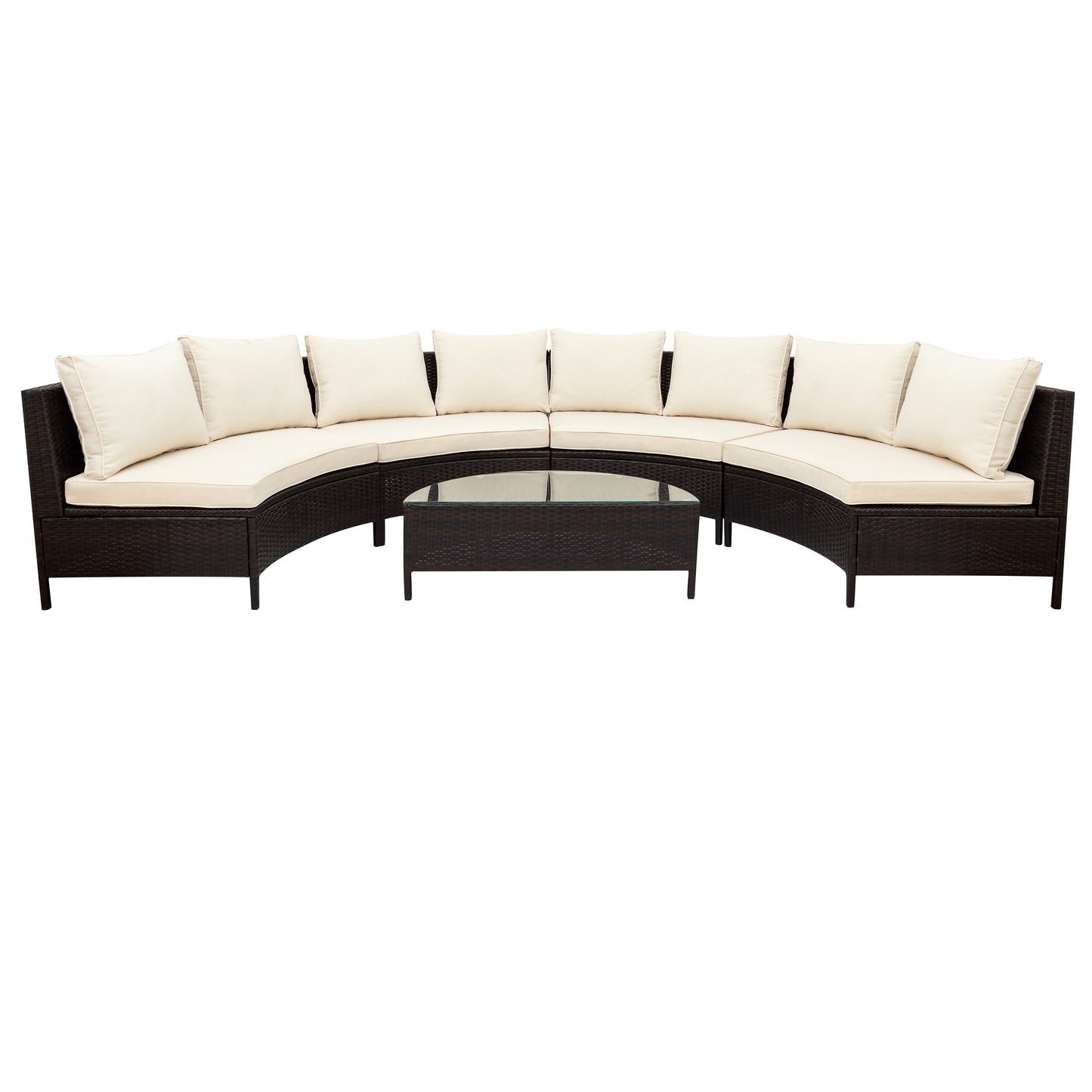 Outdoor Patio Set Half Moon PE Rattan Steel Beige 5 Piece Tempered Glass