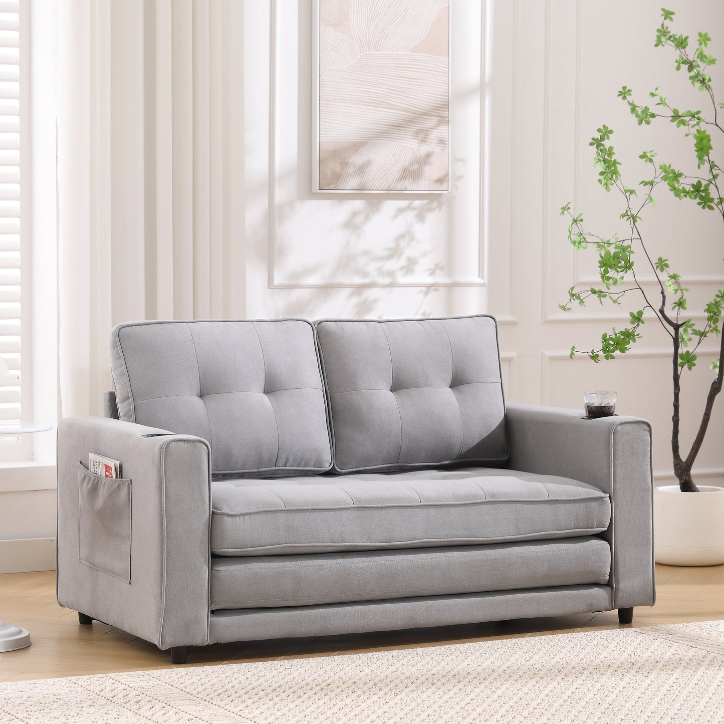 3-in-1 Sofa Bed Futon Tufted Pull-Out Sleeper 55" Light Gray
