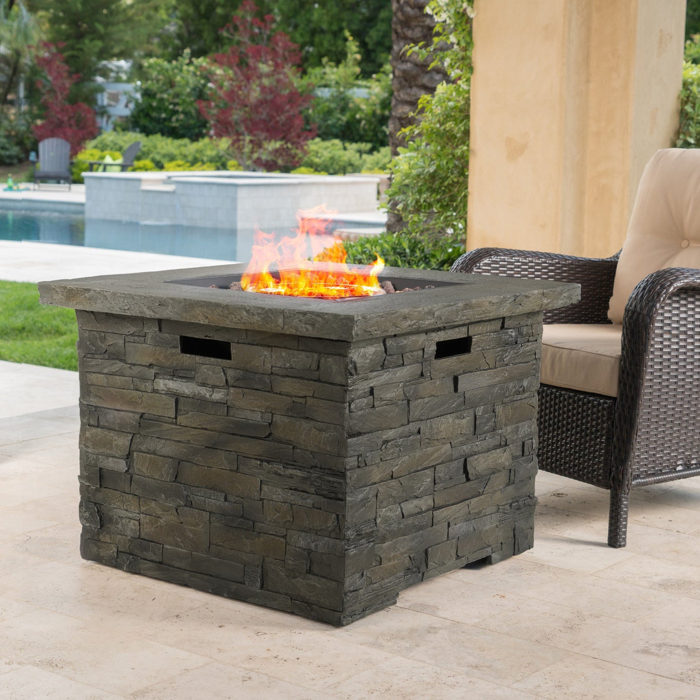 33 in Square MGO Fire Pit 40,000 BTU, Stone Gray Finish with Built-In Tank Space