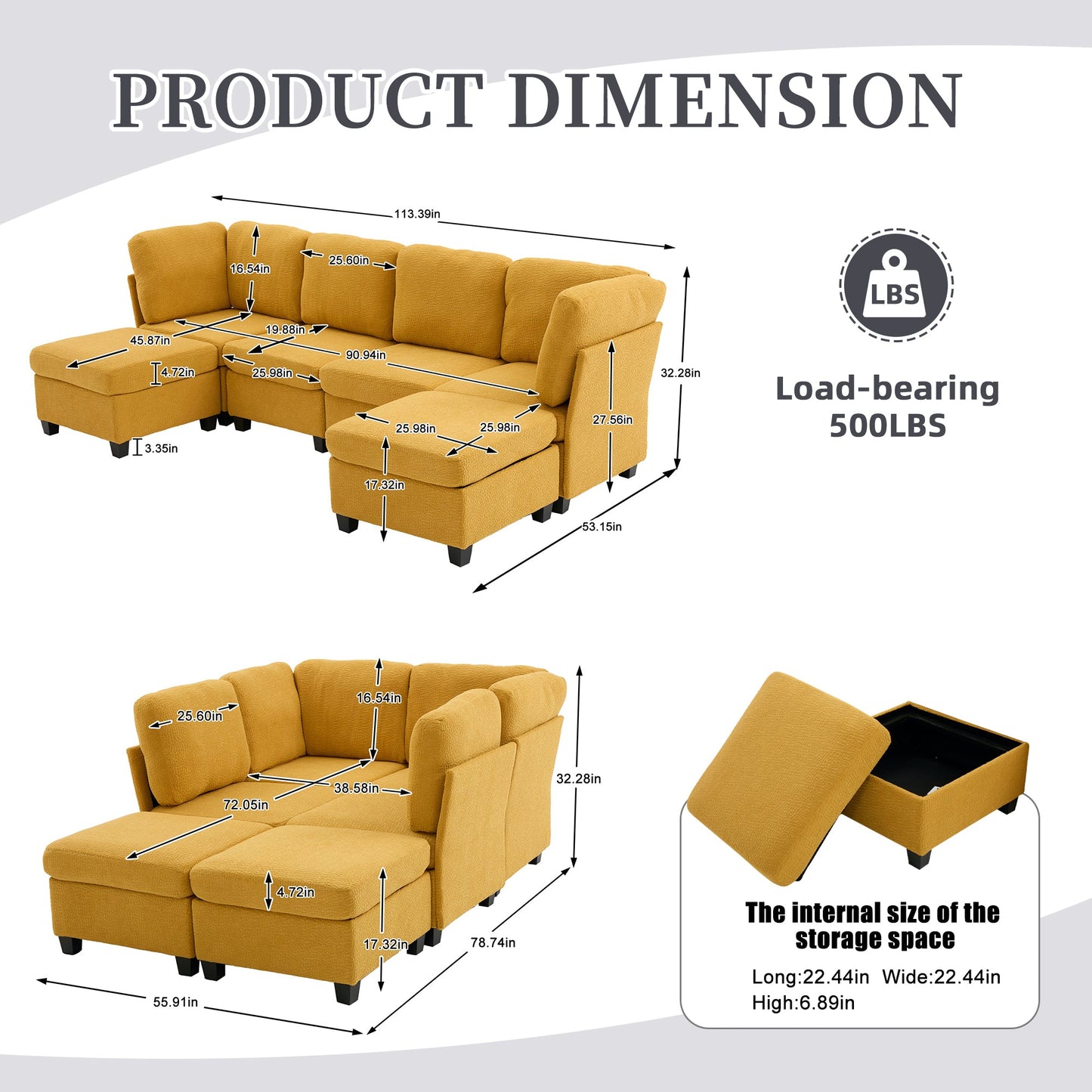 Sectional Sofa U-Shape 6 Seat Mustard Yellow Storage Ottoman
