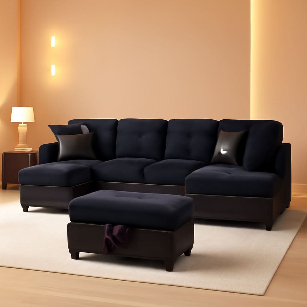 Midnight Blue 105 Inch L Shaped Sectional Sofa With Ottoman