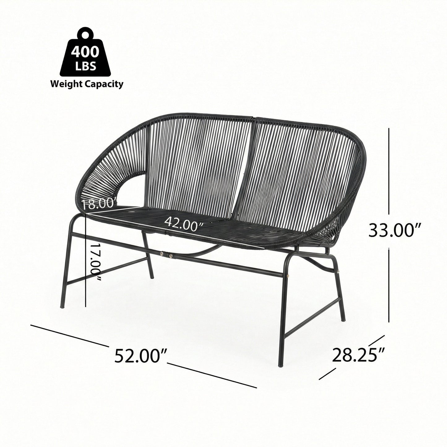 Outdoor Loveseat PE Rattan Iron Black UV Resistant No Cushion 52in