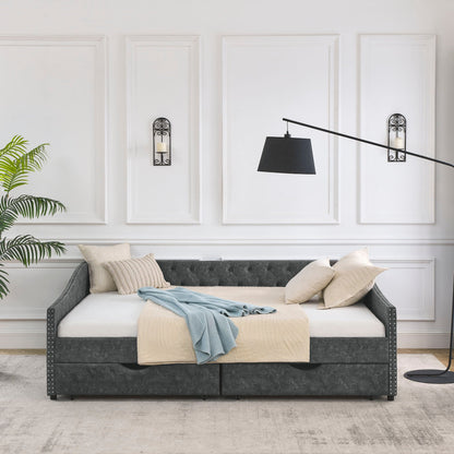 Upholstered Tufted Daybed With 2 Drawers, Waved Arms