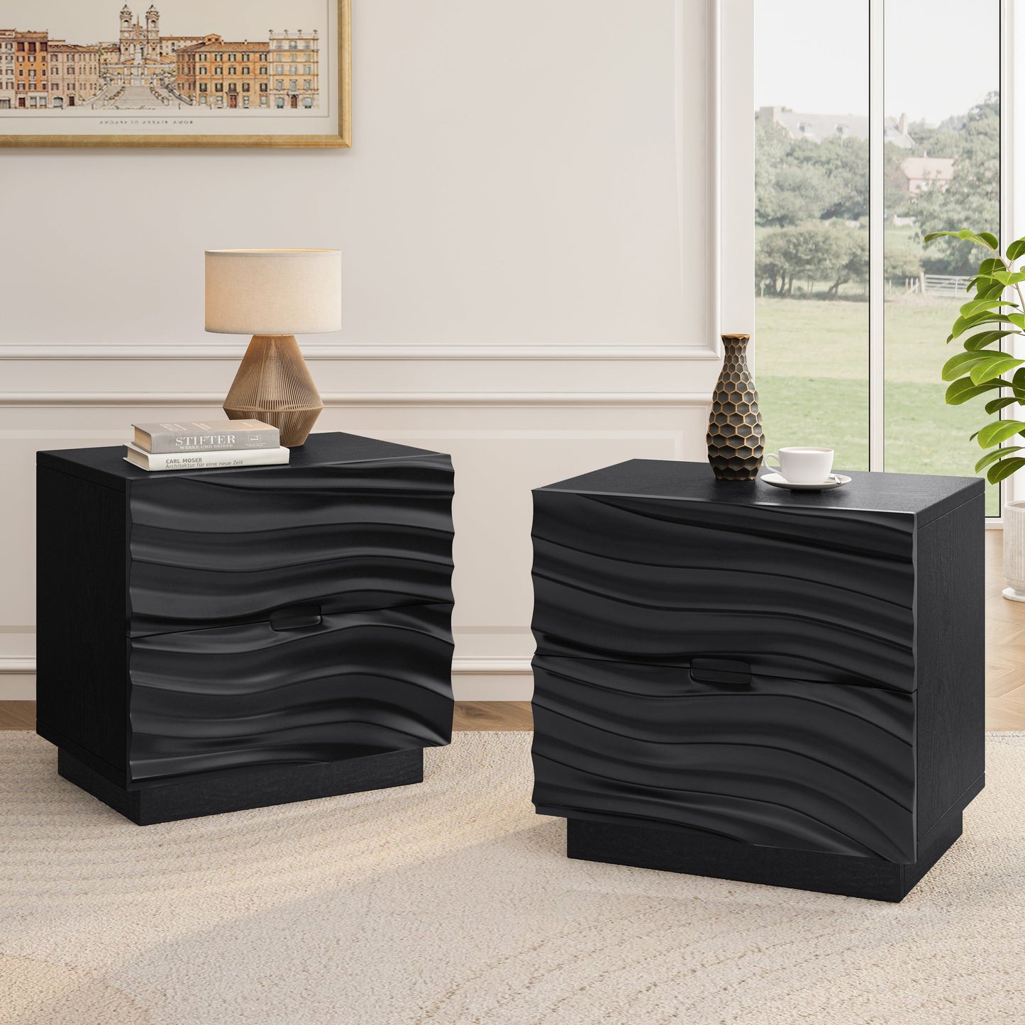 Solid Wood Nightstands Set of 2, 2 Drawers, No Handles, Living Room, Black