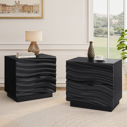 Solid Wood Nightstands Set of 2, 2 Drawers, No Handles, Living Room, Black