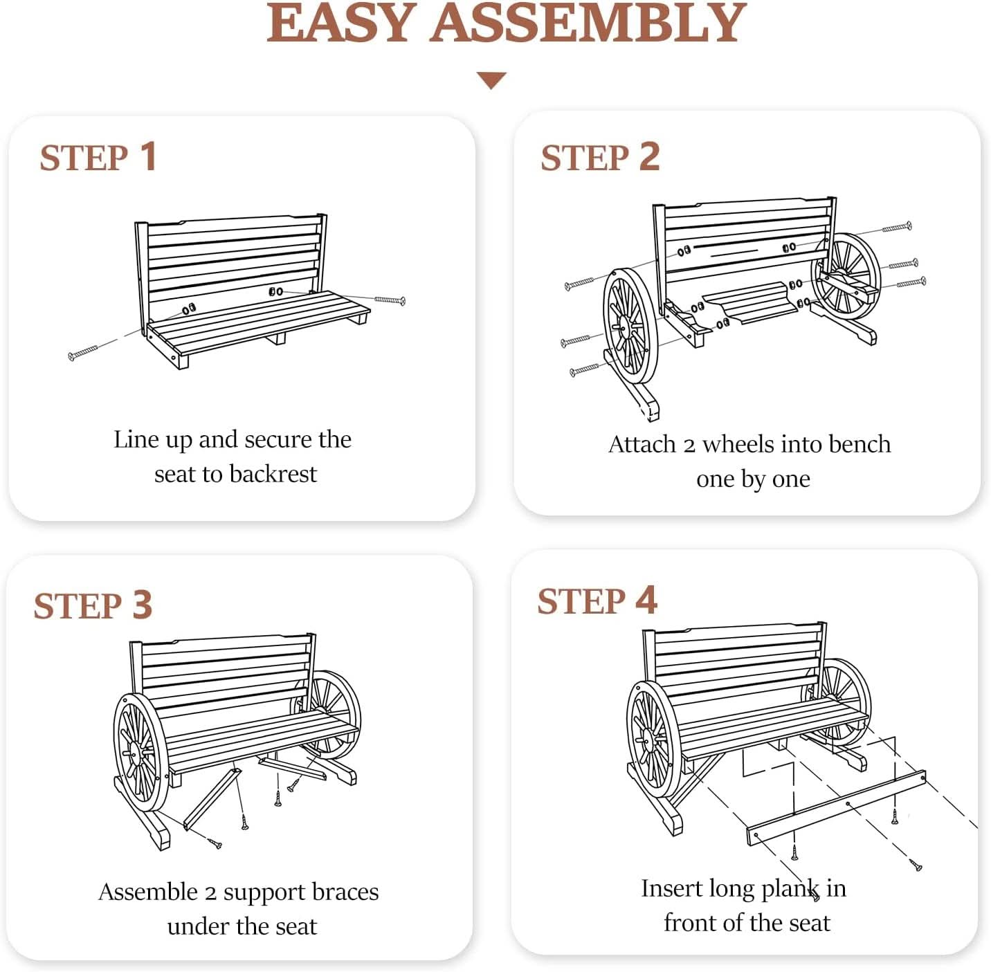 Rustic Wooden Garden Bench with Wagon Wheel Arms
