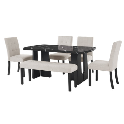6 Piece Modern Dining Table Set, 63' Faux Marble Dining Table with Geometric