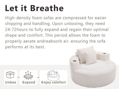 Sofa Round Memory Foam Velvet White with Cup Holder 55 In