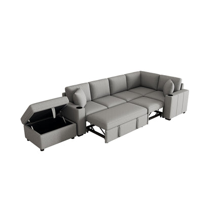 84" Sectional Sofa Convertible Pull-Out USB Gray