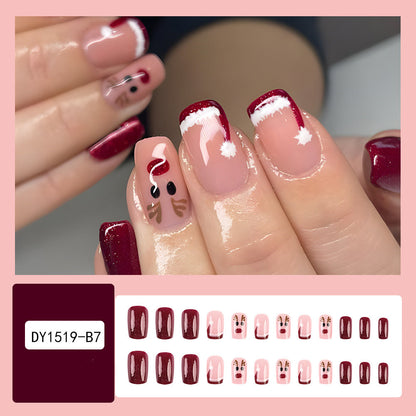 24pcs Christmas Press-On False Nails – Santa, Christmas Tree & Elk Designs with Snowflake Nail Art Stickers for Holiday Parties & Festive Wear