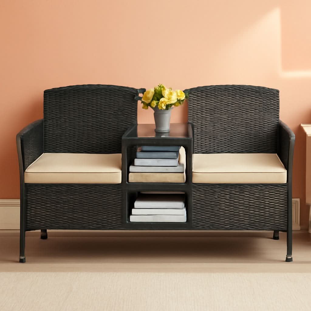 Patio Loveseat Outdoor Wicker Conversation Set With Built In Coffee Table Beige