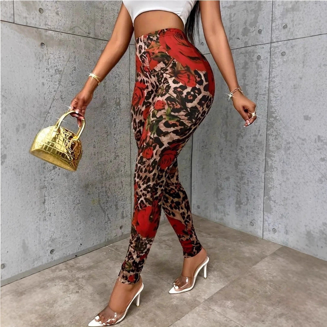 Womens Floral Print Stretchy Waist Leggings