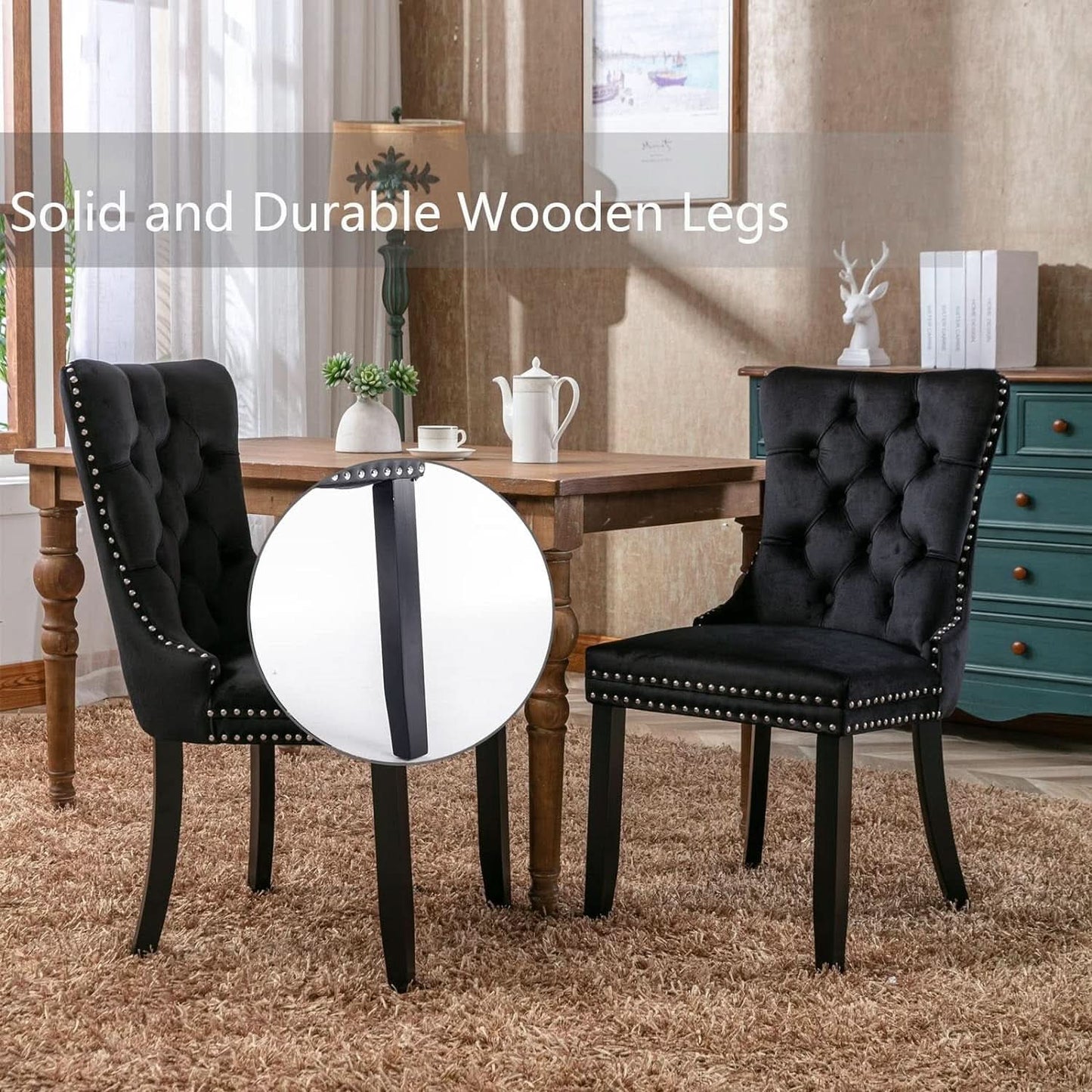 Black Velvet Dining Chairs Set of 4 with Solid Wood Legs