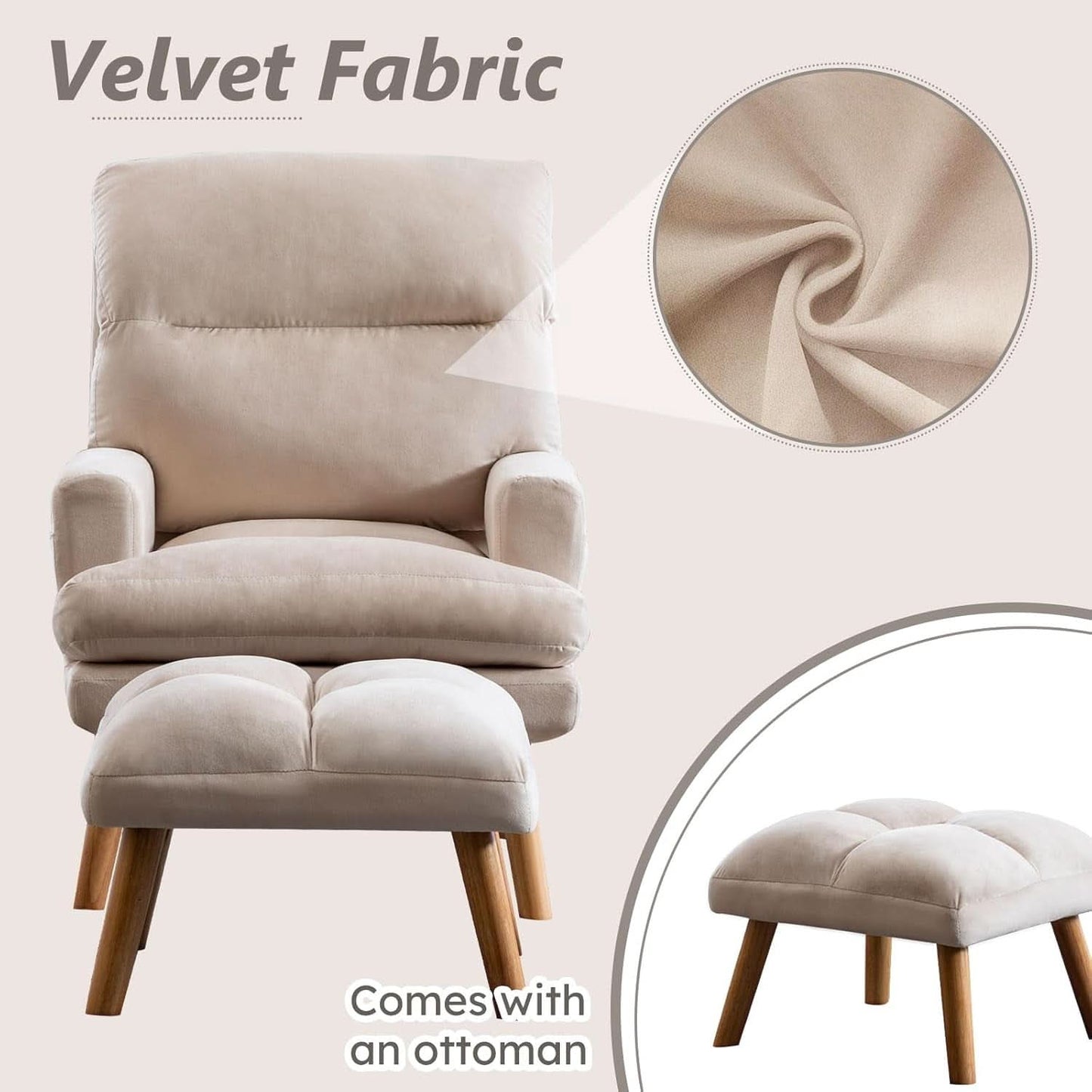 Beige Accent Chair With Ottoman Adjustable Backrest