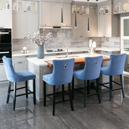 Contemporary Velvet Upholstered Barstools Button Tufted with Wooden Legs Set of 2, Blue