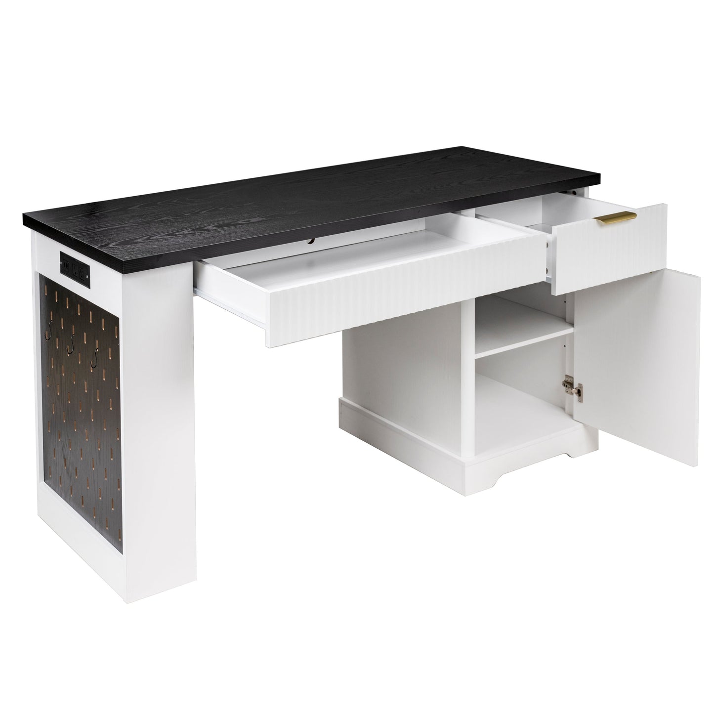 55' Modern Fluted Office Desk with Storage Cabinet and Drawers, Computer Writ...