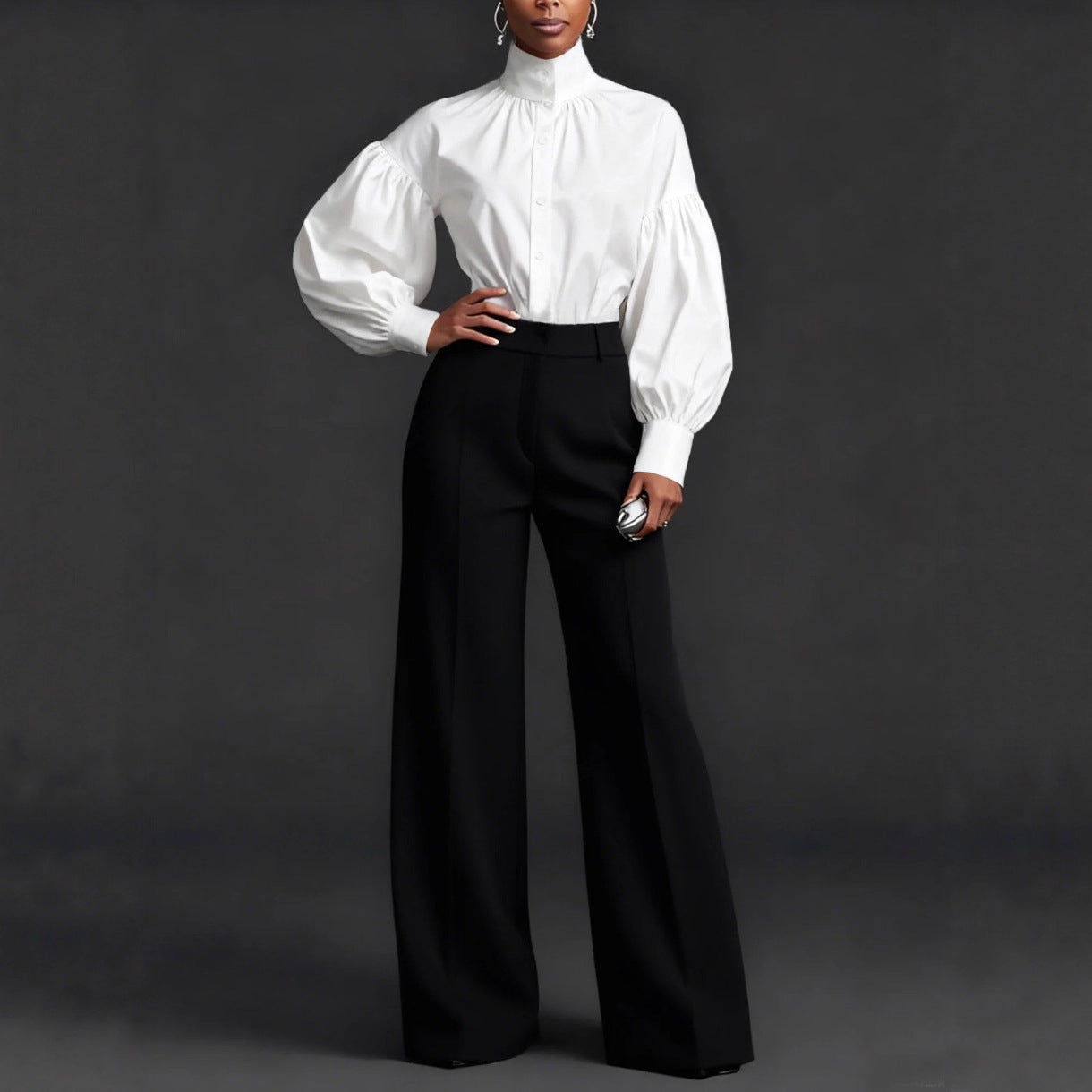 Stylish And Elegant Womens Pleated High-neck Blouse With Puffed Sleeves