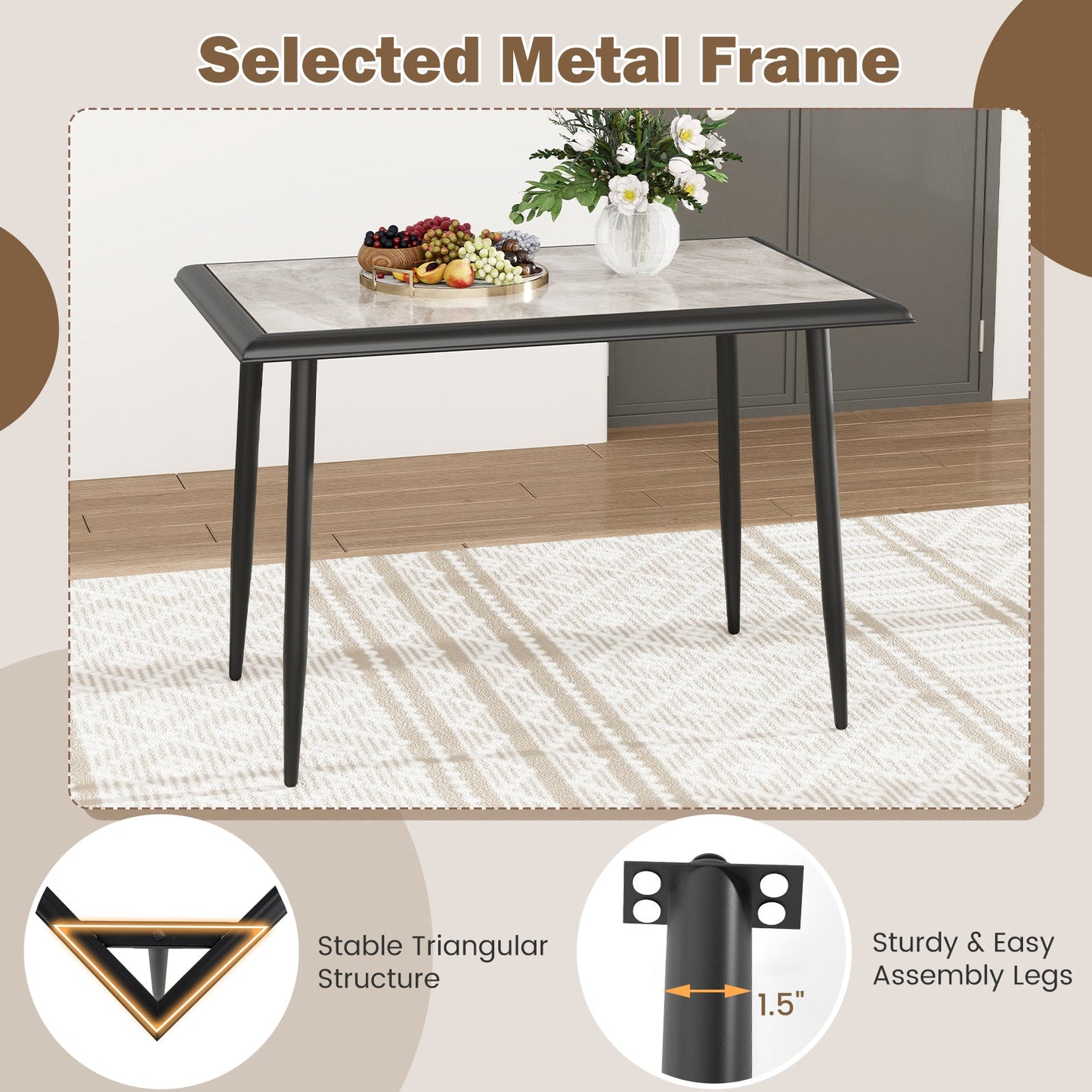 Sintered Stone Dining Table 44" Rectangular Kitchen Table with Metal Frame Indoor Modern Breakfast Table for Living Room Dining Room-Golden