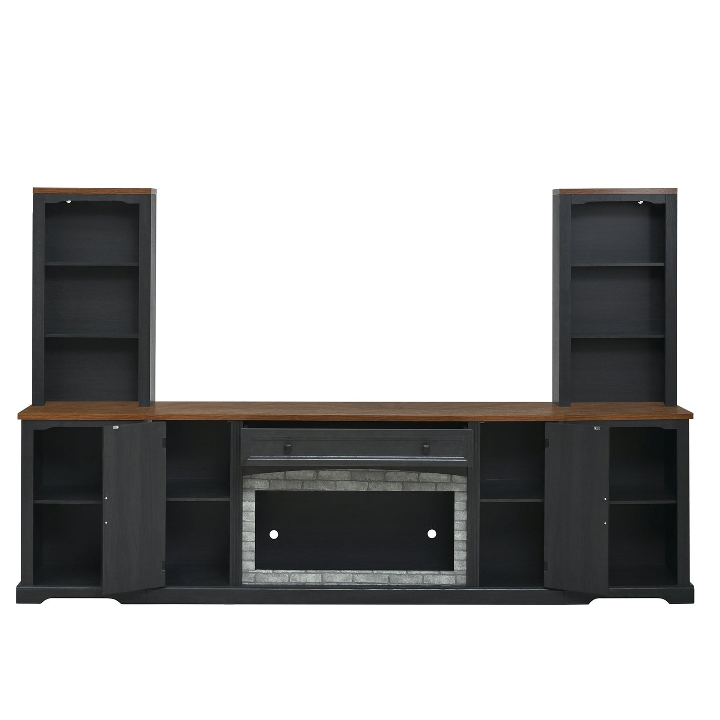 TV Stand 3-Piece Set MDF Walnut Gray Curved Cabinets Fits 70 In TV 109 In