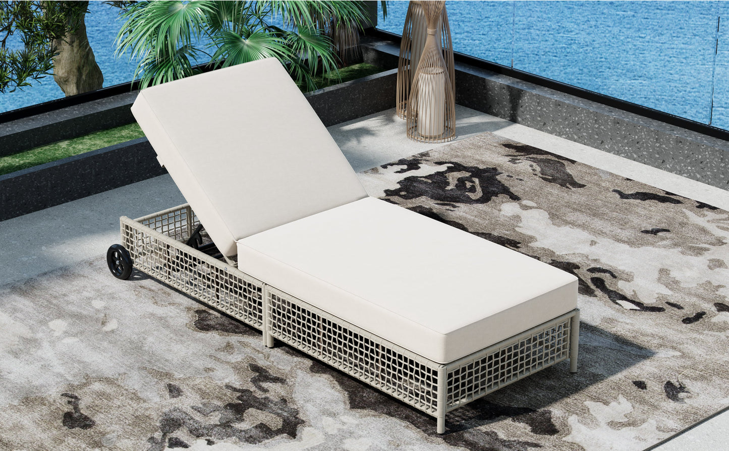 Outdoor Lounge Chair, 5-Position Adjustable Rattan Chaise with Cushion and