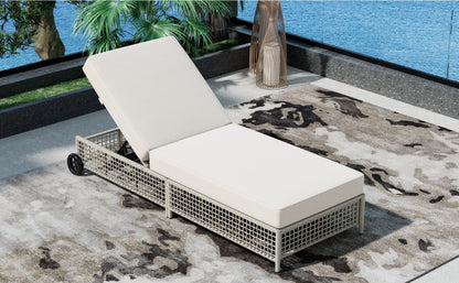 Outdoor Lounge Chair, 5-Position Adjustable Rattan Chaise with Cushion and
