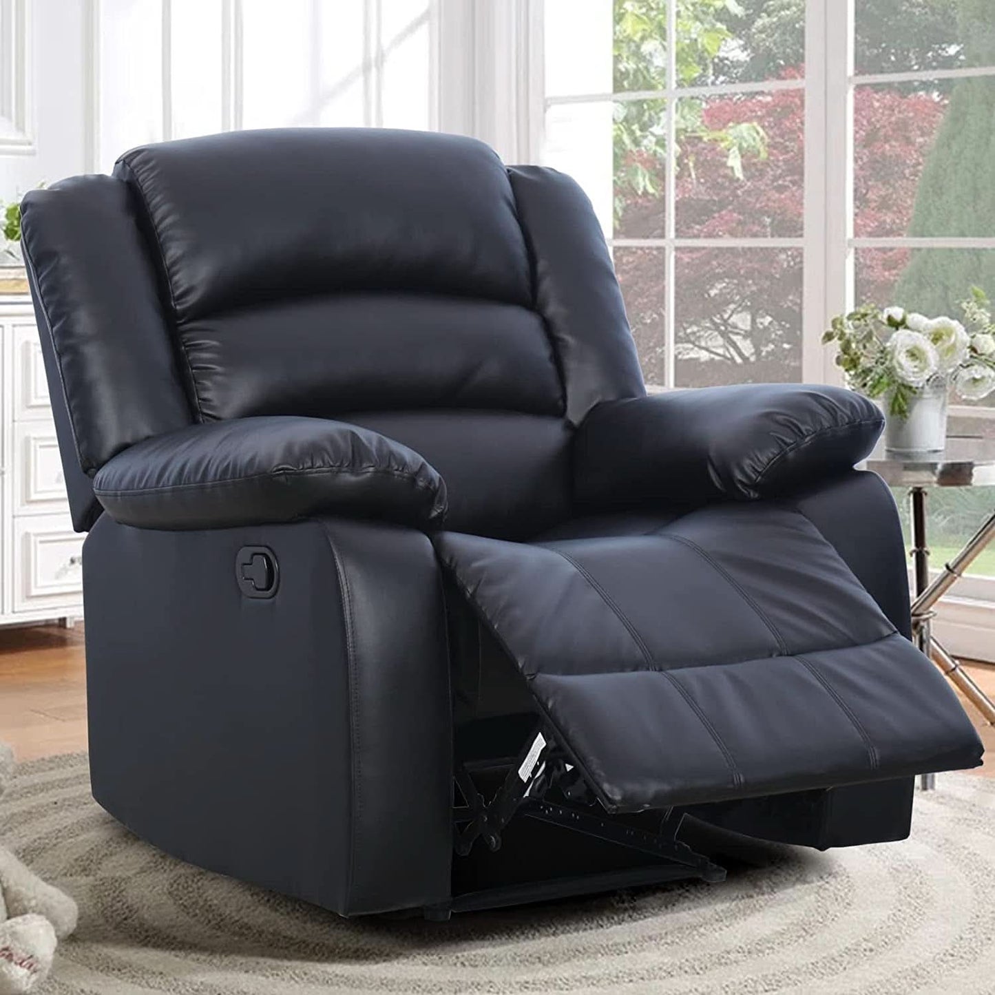 Black Bonded Leather Recliner With Overstuffed Arm And Back