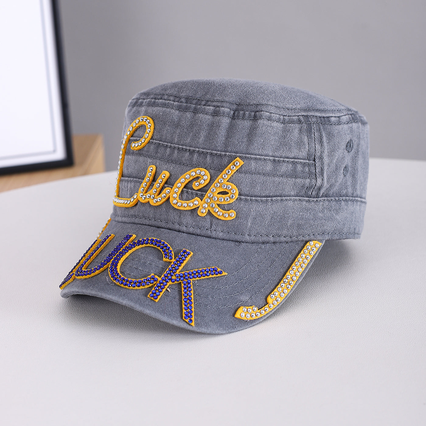 Summer Men's Solid-color Rhinestone-embroidered Letter  LUCK Water-washed Retro Sun-protective Street Fashion Hat For Gatherings, Street Dance, Casual Sports