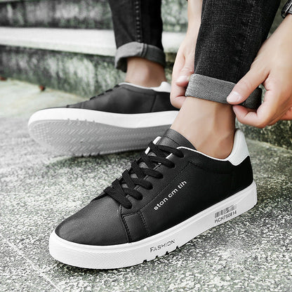 Men's Low-Top Lace-Up Sneakers - Casual PU Upper with Contrast Stitching, EVA Insole & Rubber Sole in White, White Green & Black
