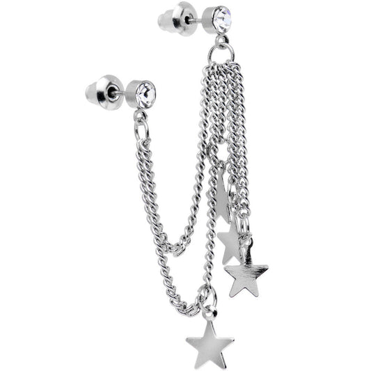 Clear Gem 3 Star Double Chain Ear to Cartilage Stud Earrings