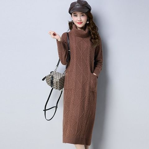 Womens High-neck Long Fleece-lined Extra-thick Loose-fitting Sweater