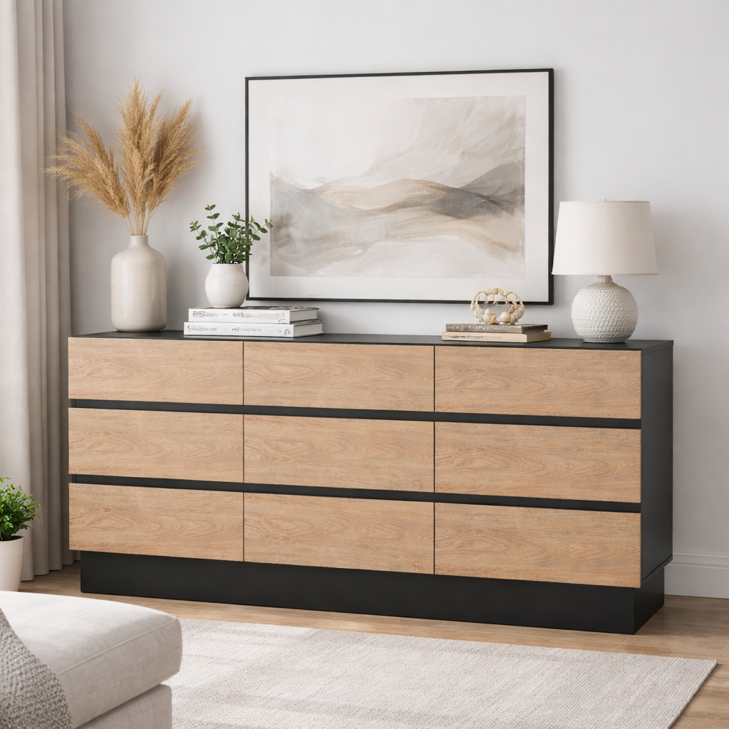Dresser Modern 9-Drawer Oak MDF Handleless 62.9x15.6x31.1 In