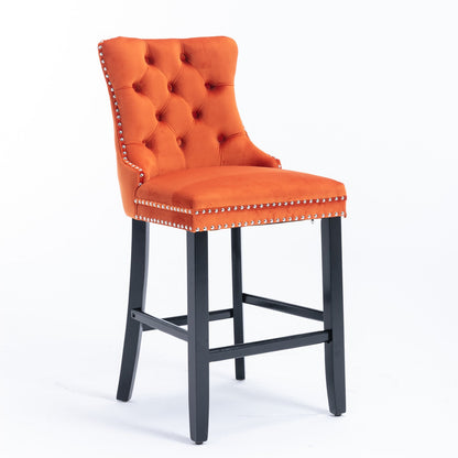Velvet Upholstered Barstool Set of 2, Button Tufted, Chrome Nailhead, Orange